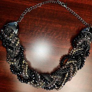 Black Beaded Crystal and Satin Cord Necklace